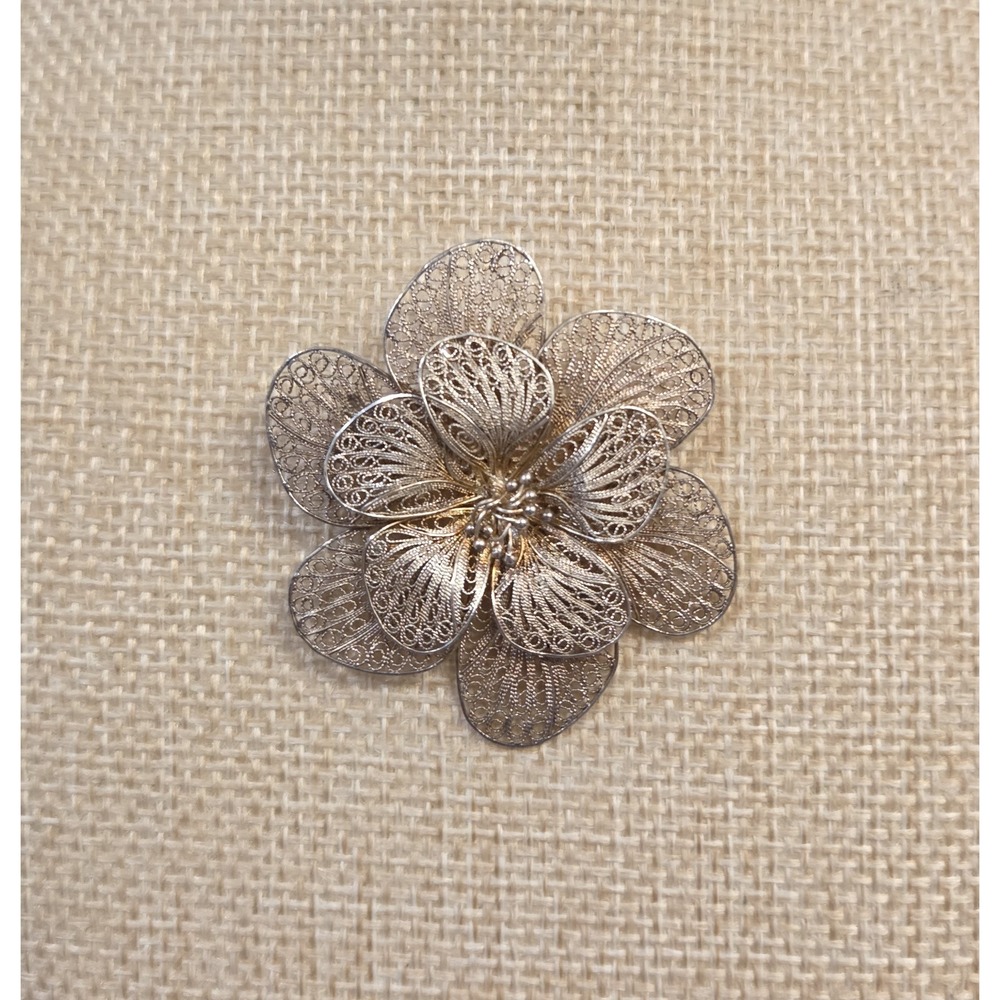 Vintage Italian Sterling Silver Filigree Flower Brooch 925